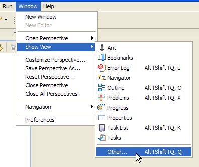 Select Window > Show View > Other