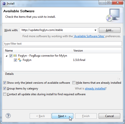 Enter Update site address, press Enter and choose Foglyn from list of available software