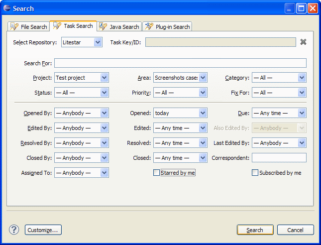 Foglyn supports advanced search options based on extensive FogBugz search 