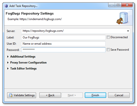 Add Task Repository wizard step 2: Enter information about your repository