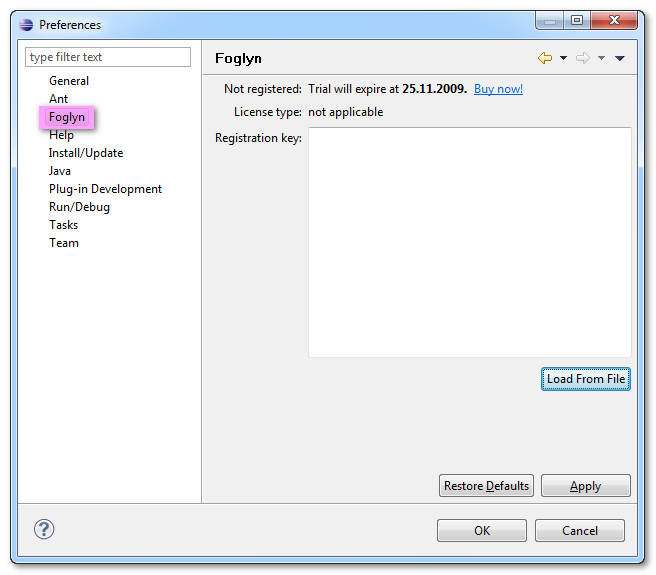 Foglyn Preferences page, Foglyn is highlighted on the left side