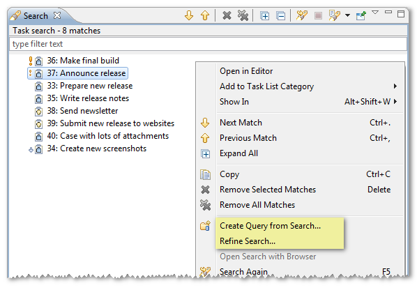 Search Results with opened context menu. Refine Search... and Create Query from Search... items are highlighted