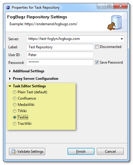 Wiki Syntax configuration in Repository Task properties